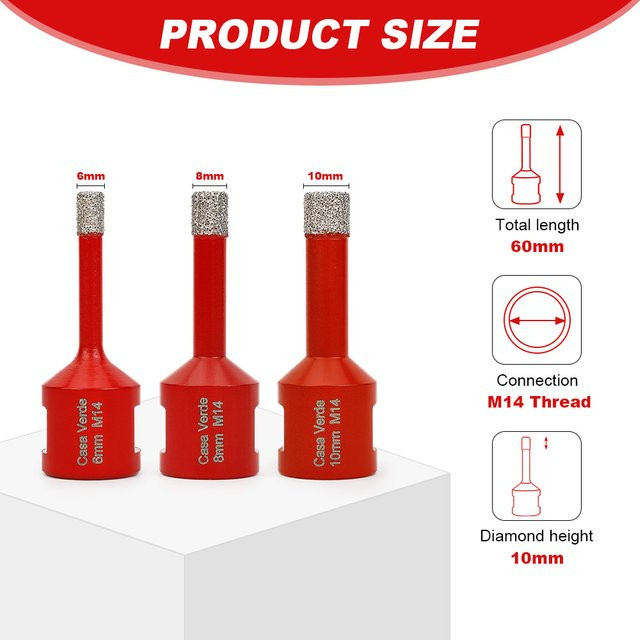 casaverde Trocken-Diamantbohrer-Set, 3-teilig, Durchmesser: 6 mm, 8 mm, 10 mm, für Granit, Keramik, Marmor, Fliesen, Stein und Glas - Bild 1