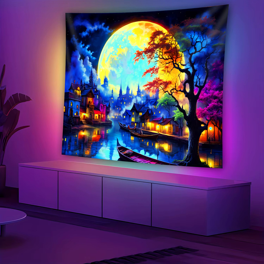 VIKAMA Dreamy Moonlight Wandteppich Rund mit Stadtlandschaft und Vollmond, Mehrfarbig, B/H: 60 x 40 cm - Bild 2