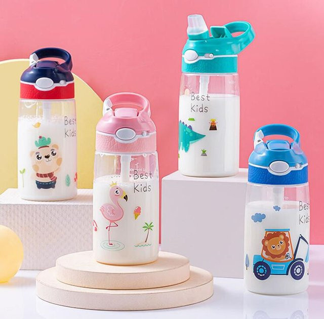 AIWILL Kinder Trinkflasche aus Tritan mit Strohhalm und Entenschnabel-Design, Pink, 450 ml - Bild 1