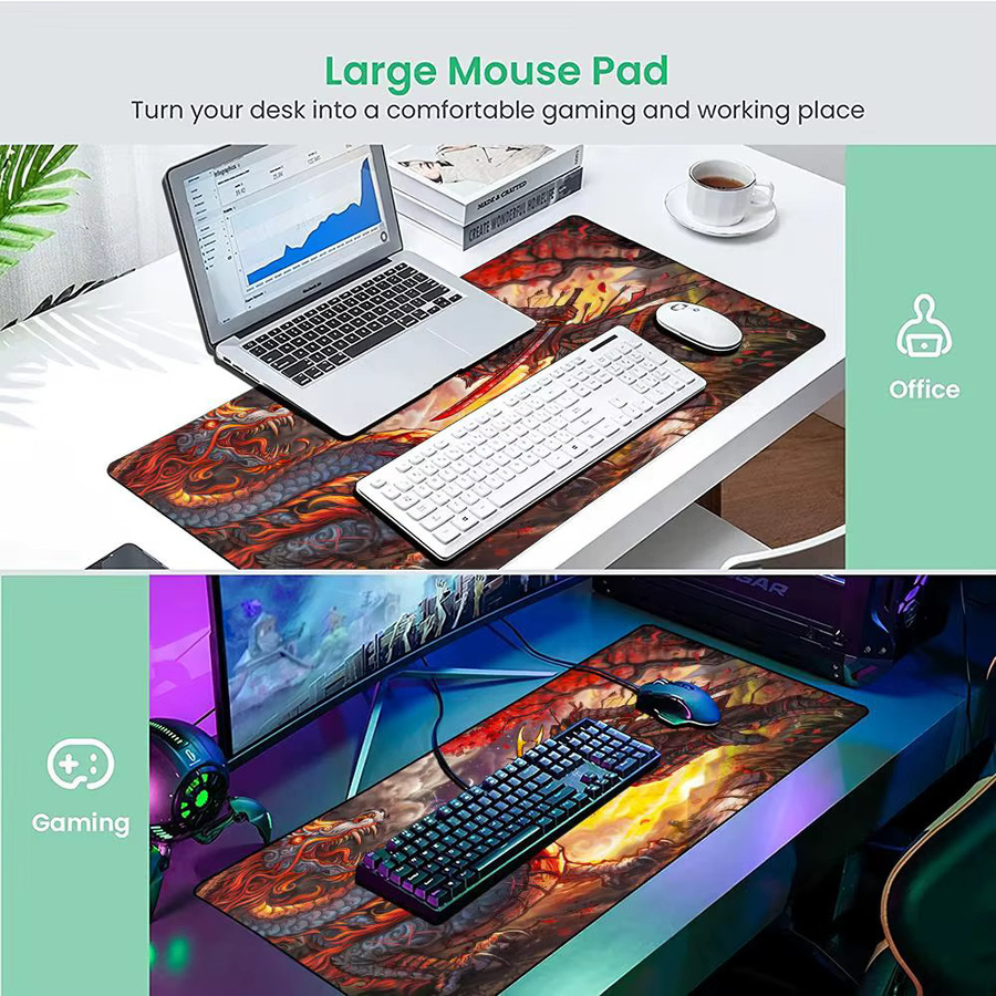 Mairuige Gaming Mauspad mit Flame Dragon und Samurai Battle Design in Schwarz und Multicolour, rutschfeste Schreibtischunterlage mit genähten Kanten - Bild 5