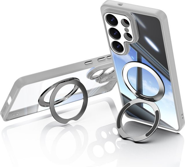 MagSafe Magnetische Schutzhülle für Samsung Galaxy S23 S24 S25 S26 Ultra Plus mit 360 Grad Ring Halterung in Transparent/Silber - Bild 1