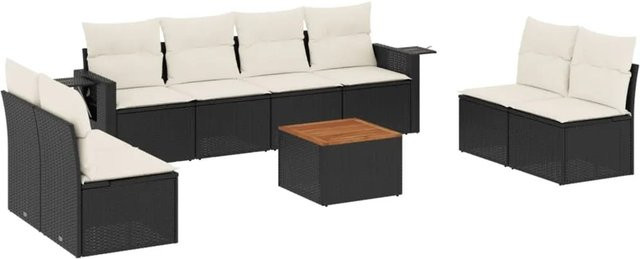 vidaXL 9-teilige Garten-Sofagarnitur in U-Form aus Polyrattan und Akazienholz mit Kissen in Schwarz-Creme - Bild 1
