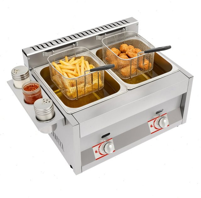 Bymaocar Gewerbliche Gas-Fritteuse mit Doppelbehälter in Silber, 2 x 6 l Kapazität, temperaturregulierbar - Bild 1