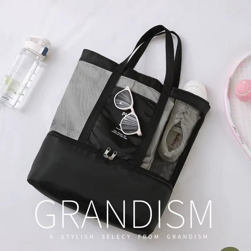 Aliwood Netz-Einkaufstasche mit Reißverschluss und isoliertem Boden in Schwarz, große wiederverwendbare Tasche mit Trocken- und Nasstrennung für Picknick, Strand und Reisen - Bild 4