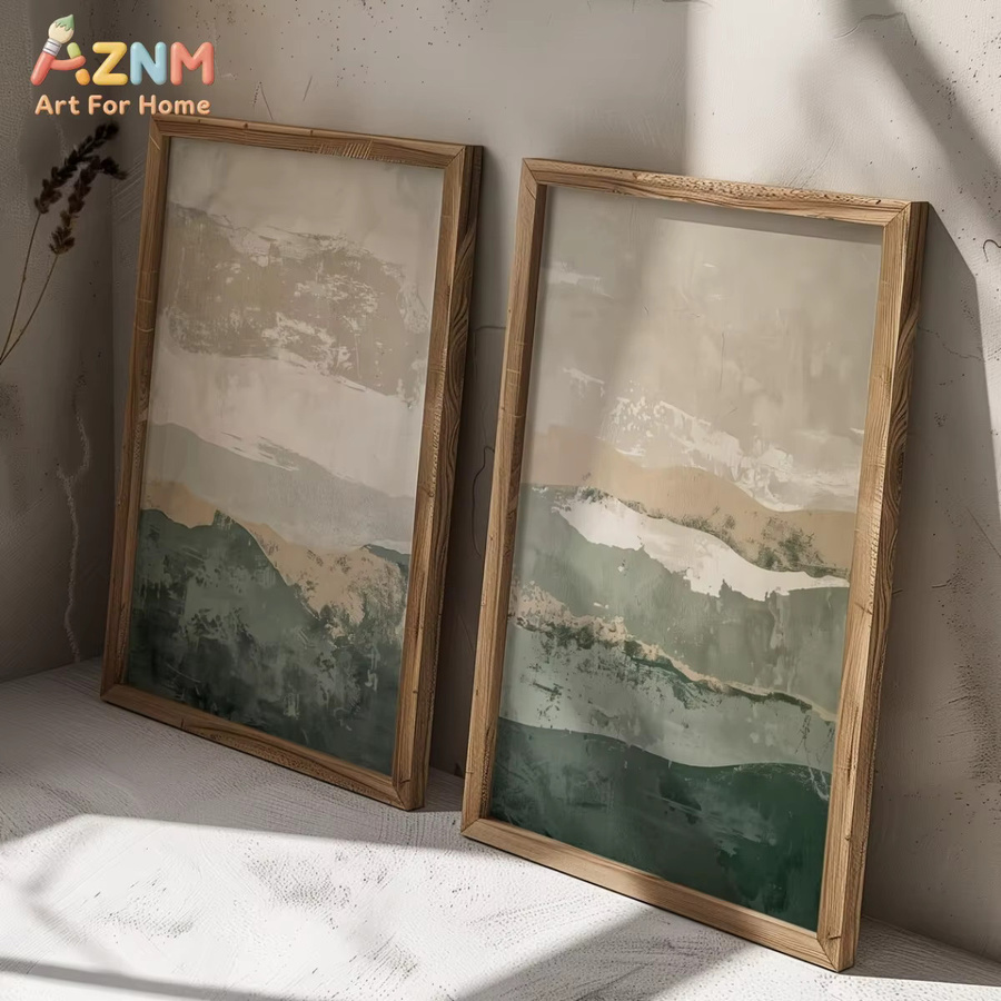 2er-Set AZNM Abstrakte Landschafts-Leinwandbilder in Grün und Beige, moderne Boho-Wanddekoration im minimalistischen Stil, ungerahmt - Bild 2