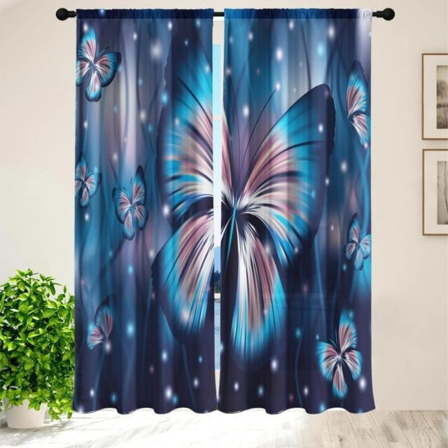Yiran Furniture Hochverdunkelnde Gardine mit Schmetterlingsprint in Blau und Lila, B: 55 cm, H: 120 cm - Bild 1