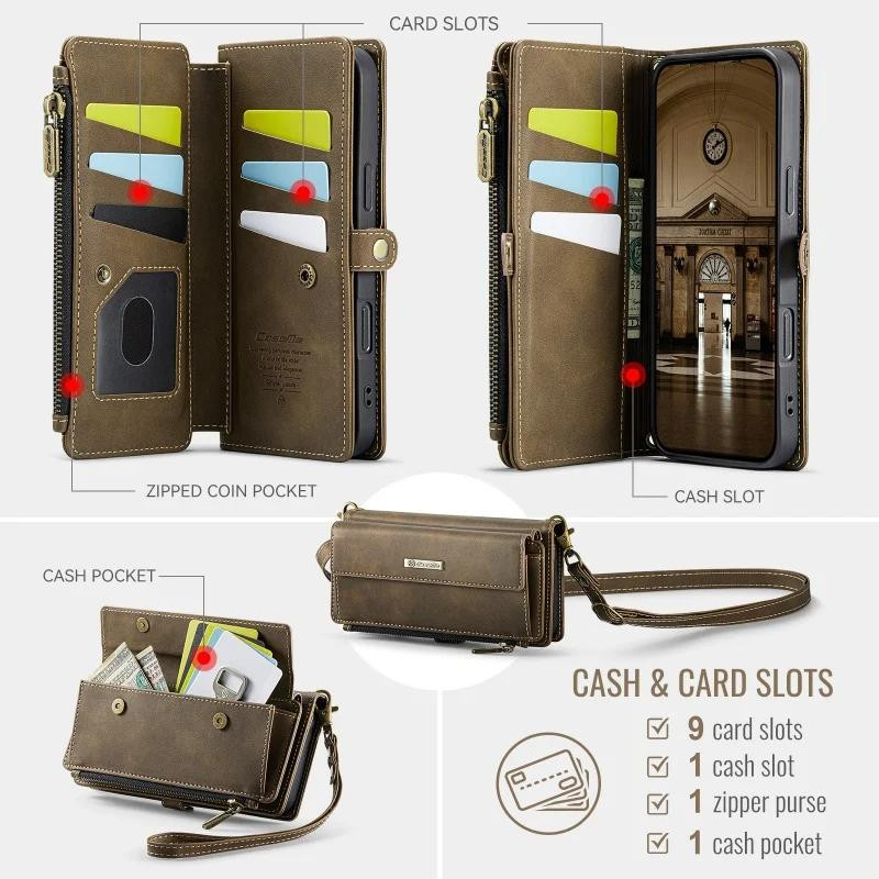 CaseMe Crossbody Handyhülle aus Leder mit Lanyard und Reißverschluss Geldbörse für iPhone Modelle in Schwarz, Braun, Lila oder Rosa - Bild 3