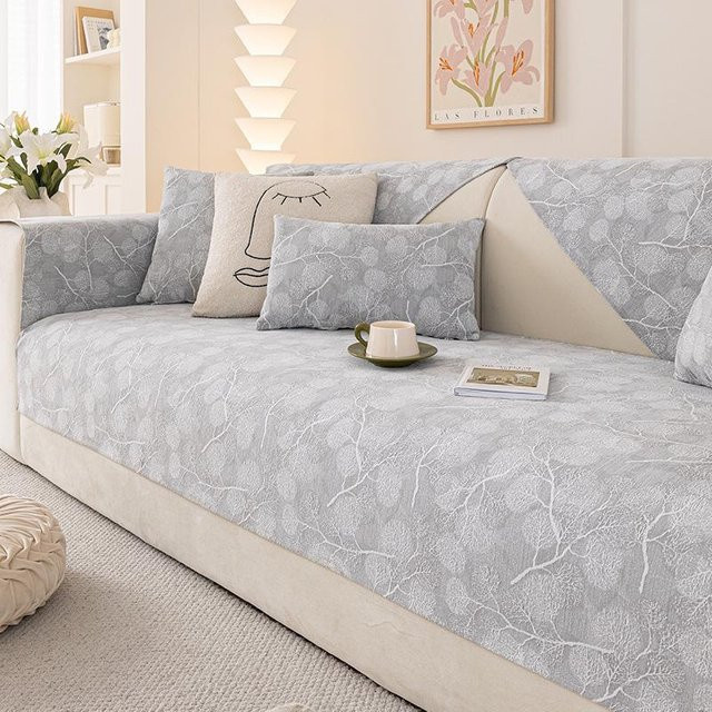 Einfarbiger Sofabezug aus Chenille in Grau mit Jacquard-Muster, rutschfester Couchüberwurf für Ecksofas, B/B: 70 x 70 cm - Bild 1