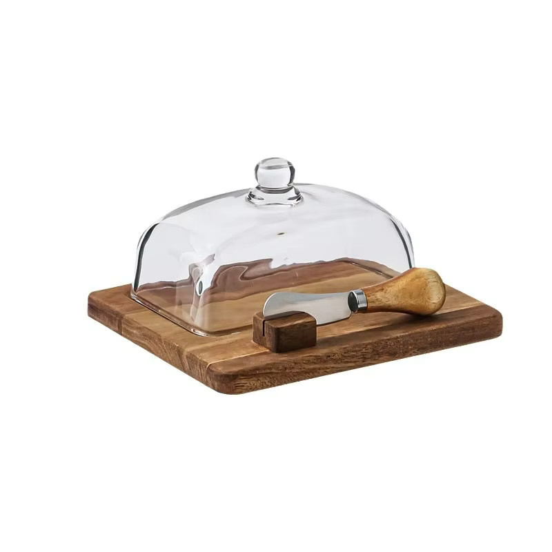 Servierset aus Akazienholz mit Glasdeckel und Messer in Braun für Butter, Käse oder Dessert - Bild 3