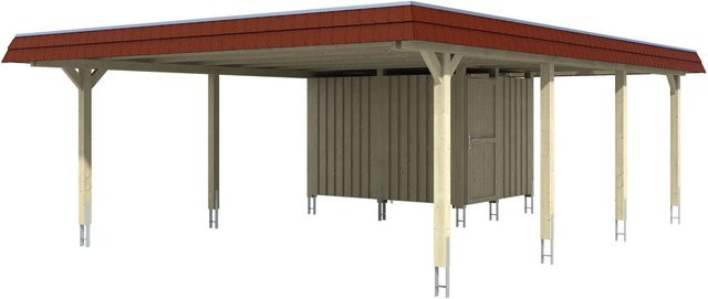 Skan Holz Doppelcarport Wendland mit Anbau und Geräteschuppen, Nussbaum, Alu-Dach, Blende Rot, B/T/H: 630 x 879 x 253 cm - Bild 1