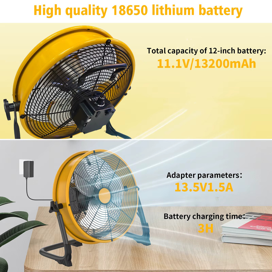 T-SUNRISE Tragbarer 12-Zoll-Tischventilator in Gelb mit Solarpanel und AC-Ladegerät für Camping und Haushalt, Durchmesser: 30,48 cm - Bild 4