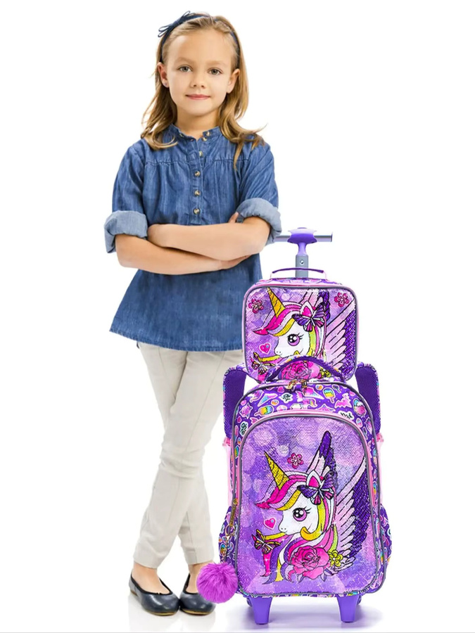 BLING BABIES 3-teiliges Rollrucksack Set für Mädchen mit Einhorn, Pailletten und Leuchteffekt in Lila inklusive Lunchbox und Stifttasche - Bild 6