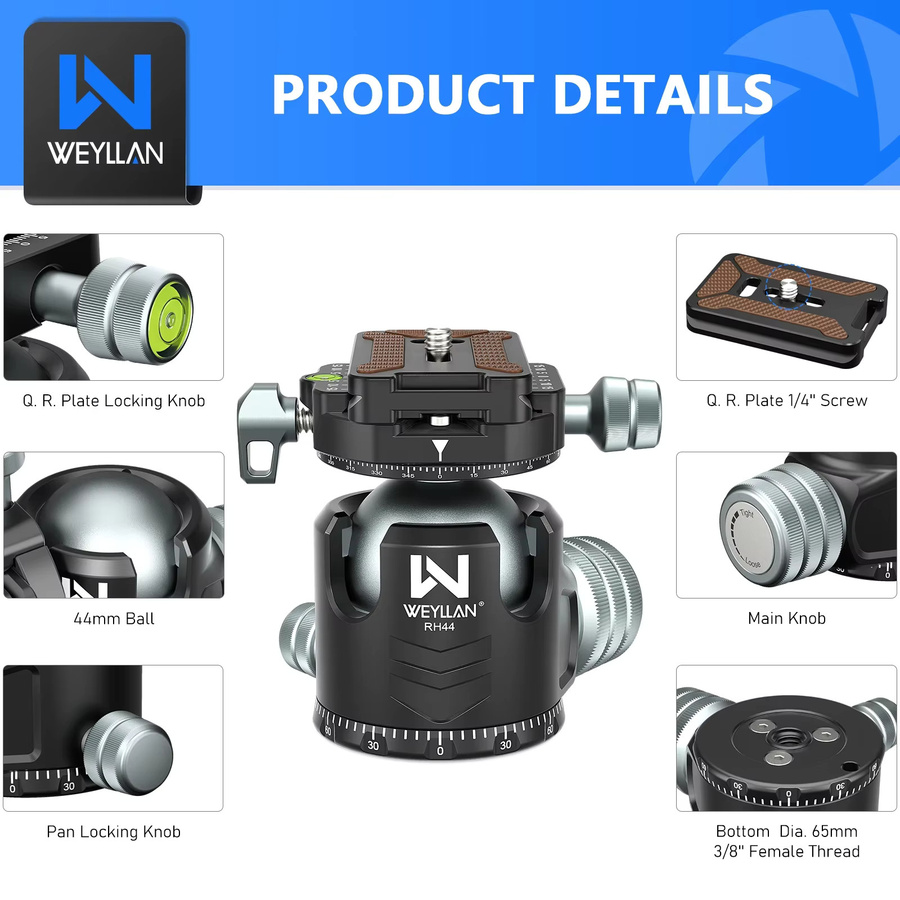 WEYLLAN RH44 Doppelter Panorama-Kugelkopf in Schwarz, CNC-gefertigt, 44 mm, für Stativ und Einbeinstativ mit einer maximalen Traglast von 25 kg - Bild 2