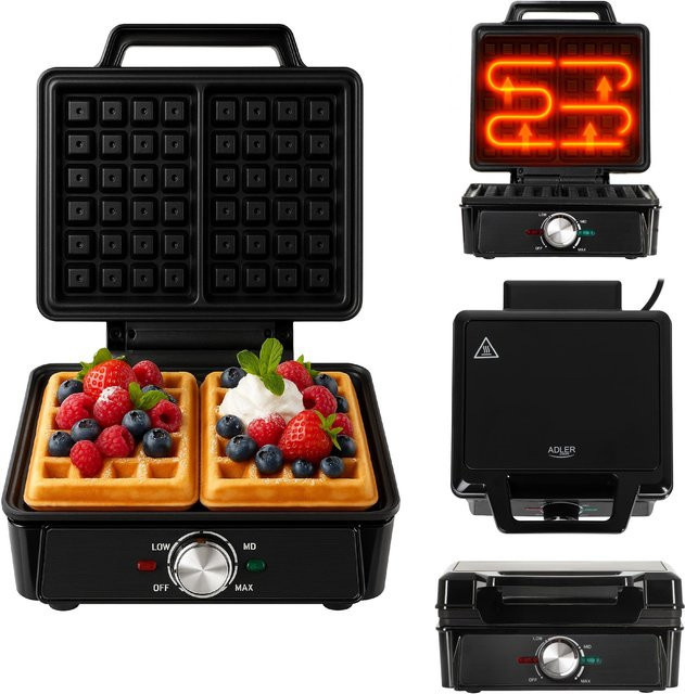 Adler Waffeleisen mit 2 Waffelplatten, 2000 W, Schwarz, Temperaturregelung und Antihaftbeschichtung - Bild 1