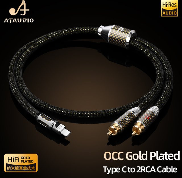 ATAUDIO HiFi USB Typ-C zu 2RCA Audiokabel, vergoldetes OCC Splitterkabel für Lautsprecher und Verstärker, Schwarz/Gold - Bild 1
