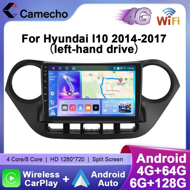 Camecho Auto Radio mit drahtlosem CarPlay und Android Auto für Hyundai I10 2014-2017, 6 Zoll Display, 128GB, GPS, 4G WiFi, RDS, Schwarz - Bild 1