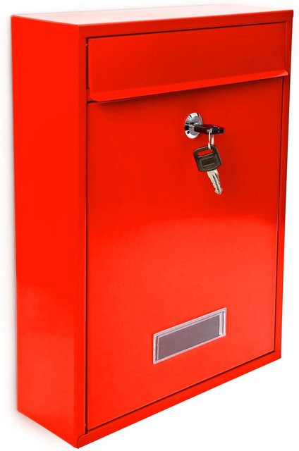 Relaxdays Briefkasten aus Metall in Rot, abschließbar und wandmontiert, B/H/T: 35 x 26,5 x 8,5 cm - Bild 1