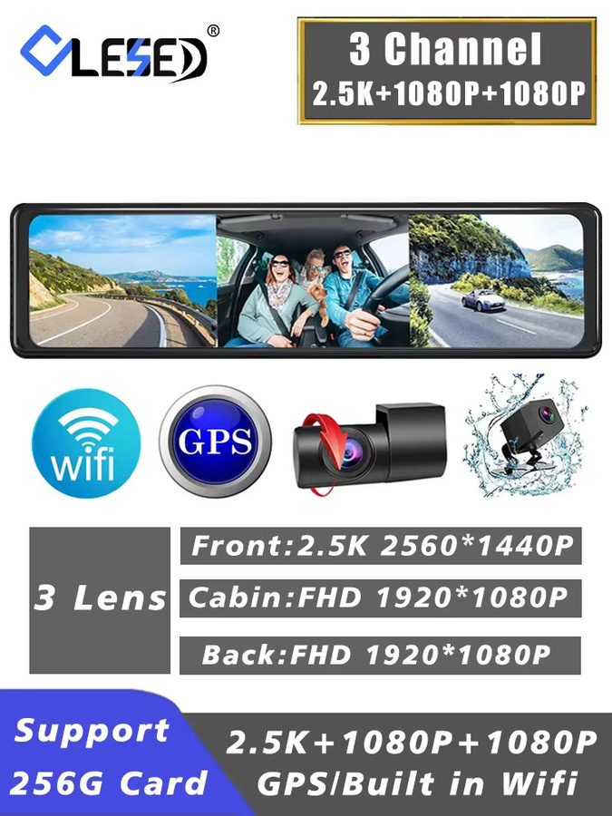 3-Kanal Dash Cam mit WLAN und GPS, 1080p Full HD Rückspiegel Dashcam mit Innenkamera, Schwarz - Bild 6