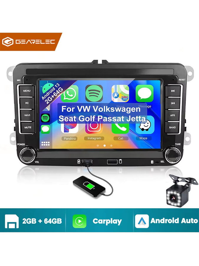 Gearelec 2 DIN Android 13 Autoradio mit 7 Zoll Display, Multimedia-Player mit Wi-Fi, GPS und CarPlay in Schwarz, kompatibel mit VW, Skoda, Golf 5/6, Touran, Passat und Jetta - Bild 9