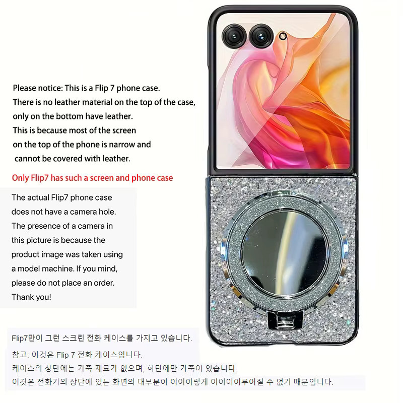 Luxuriöse Glitzer-Kunstleder-Handyhülle für Samsung Galaxy Z Flip 7 6 5 4 3 mit Make-up-Spiegel und Handyhalterung in Weiß und Silber - Bild 4