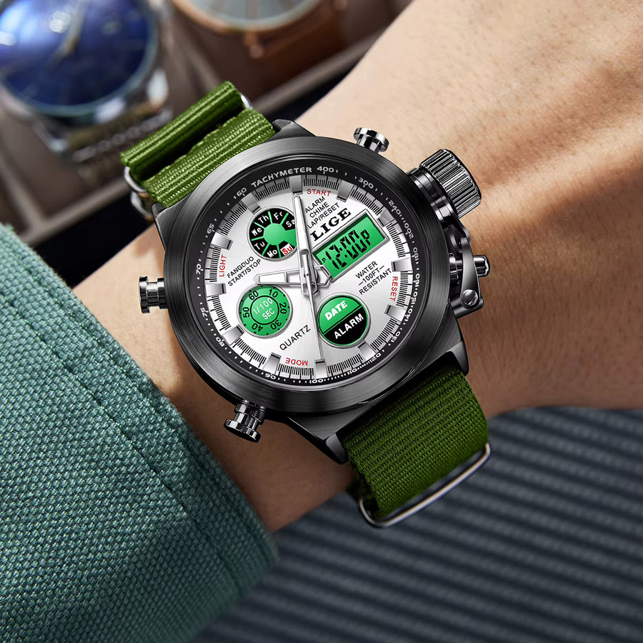 LIGE Chronograph Armbanduhr, Quarz, Schwarz, Textil/NATO, Herren - Bild 6