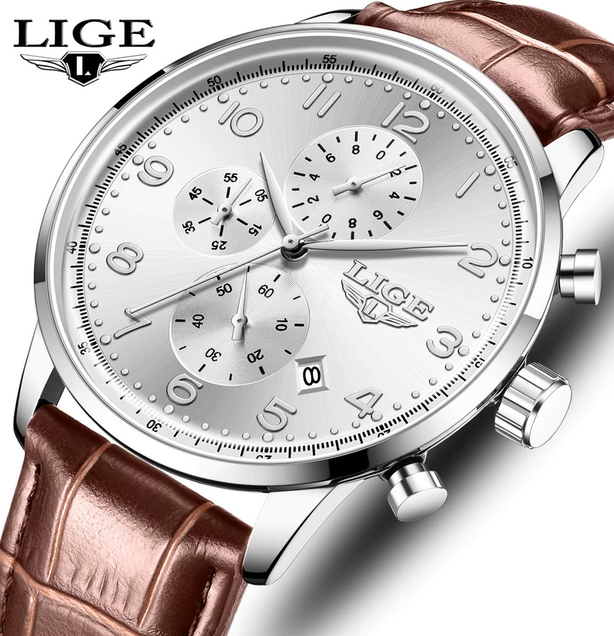 LIGE Armbanduhr Chronograph, Quarz, Leder, Schwarz, Herren - Bild 6