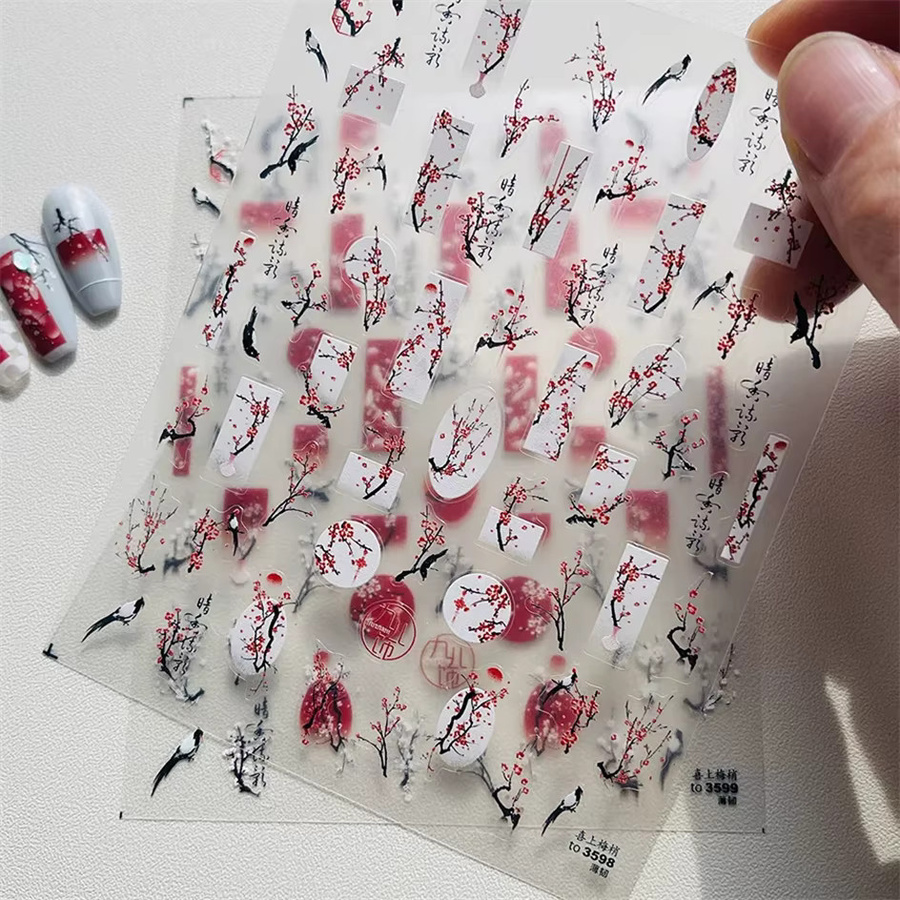 Rhstoe Nagelkunst Aufkleber, Rote Pflaumenblüte, 3D Maniküre Dekoration - Bild 2