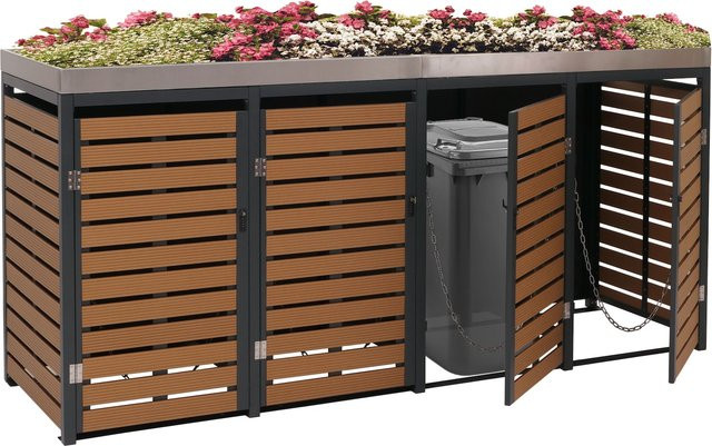 MCW 4er Mülltonnenverkleidung K14 mit Pflanzkasten in Teak-Optik aus WPC und Edelstahl, B/T/H: 124 x 265 x 84 cm - Bild 1