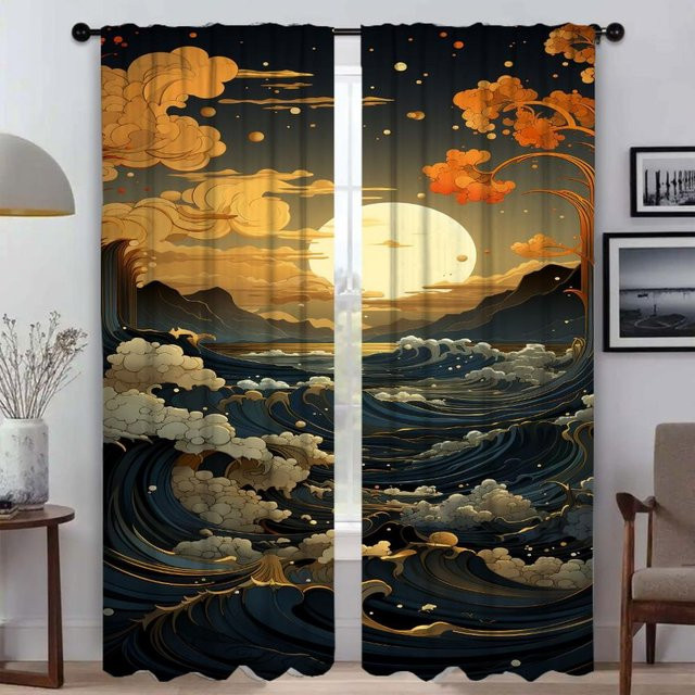 Zweiteiliges Vorhangset mit Sonne, Mond und Baum Motiv für Wohnzimmer und Innenräume, halbtransparent, Mehrfarbig, Breite: 50 cm, Höhe: 70 cm - Bild 1