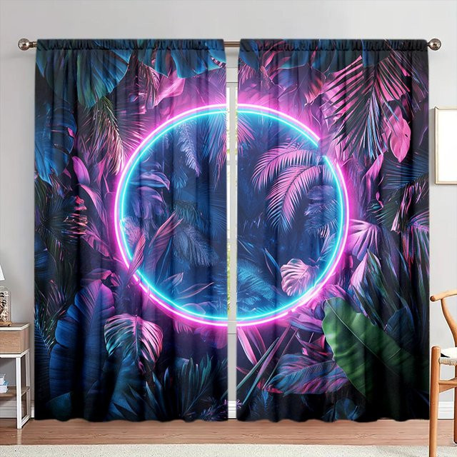 2er-Set Tropische Pflanze Vorhang mit Neonlicht-Effekt in Blau und Lila, halbtransparentes Fensterdekoration aus Polyester, Breite: 52,5 cm, Höhe: 116 cm - Bild 1