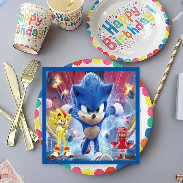 Jaysuing Blue Cat Sonic Party-Set für Kinder in Multicolour mit Einwegbesteck, Papptellern, Bechern und Servietten aus Papier - Bild 1