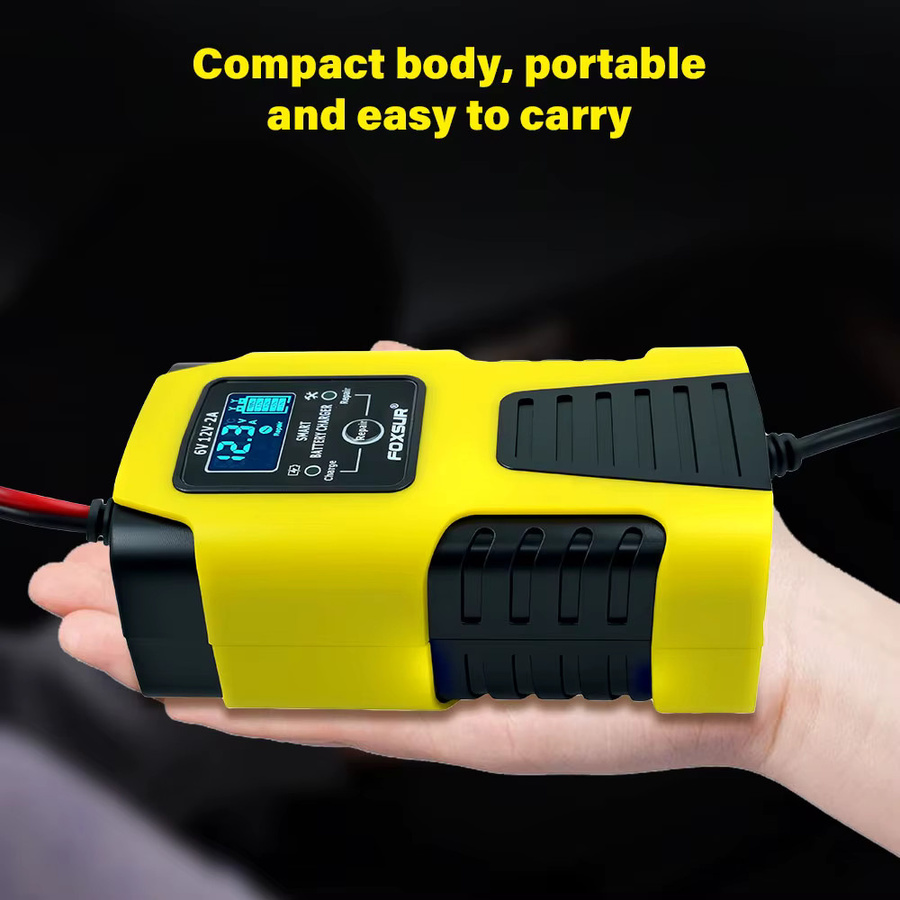 Automatisches Autobatterie-Ladegerät mit LCD-Anzeige und Impulsreparatur für Blei-Säure, GEL, AGM, Nass, Calcium und Deep Cycle VRLA Batterien, Gelb, 6V/12V 2A - Bild 5