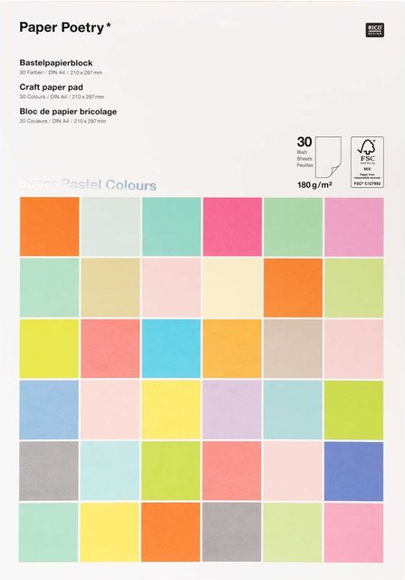 Rico Design Paper Poetry Bastelblock Super Pastel Colours, Multicolour, A4, 180g/m², 30 Blatt - Bild 1