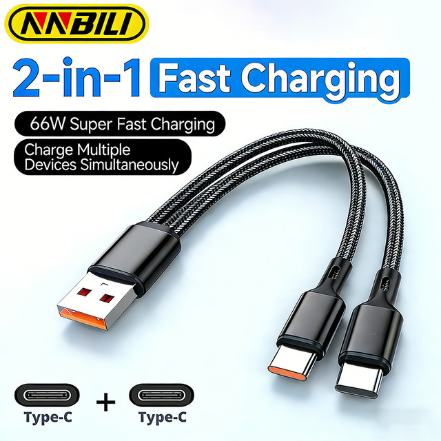 NNBILI 2-in-1 USB Typ C Schnellladekabel 66W Y-Splitter 5A für Samsung Huawei Xiaomi in Rot und Schwarz - Bild 1