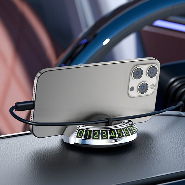 Universeller 2-in-1 Autotelefonhalter für das Armaturenbrett mit 360 Grad Rotation und multifunktionalem Parkplatz Nummernschild in Silber - Bild 1