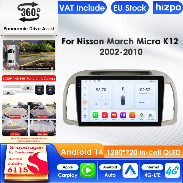 Hizpo Android 14 Autoradio mit Carplay AI System, Multimedia Video Player und GPS für Nissan March Micra K12 (2002-2010), Schwarz - Bild 1