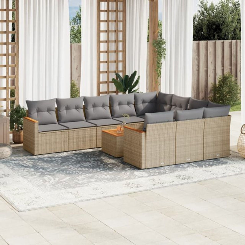 Vidaxl Gartenmöbel-Set aus Polyrattan und Akazie mit 11 Teilen und Kissen, Beige - Bild 1