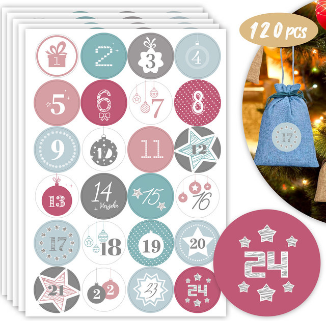 120 Stück Weihnachts-Countdown-Kalender-Aufkleber in Rosa, Blau und Grau mit Motiven wie Weihnachtsbäumen und Sternen für die Adventszeit - Bild 1