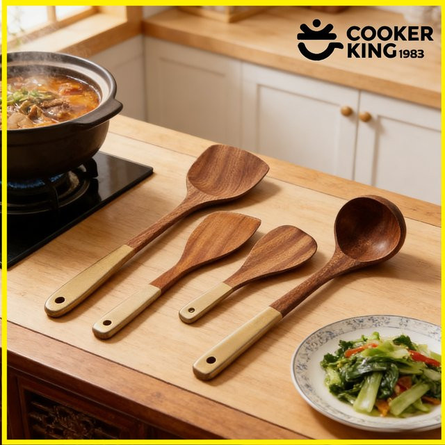 COOKER KING 4-in-1 Kochutensilien-Set aus Holz in Ebenholz-Optik, Spatel und Löffel für Antihaft-Töpfe - Bild 1
