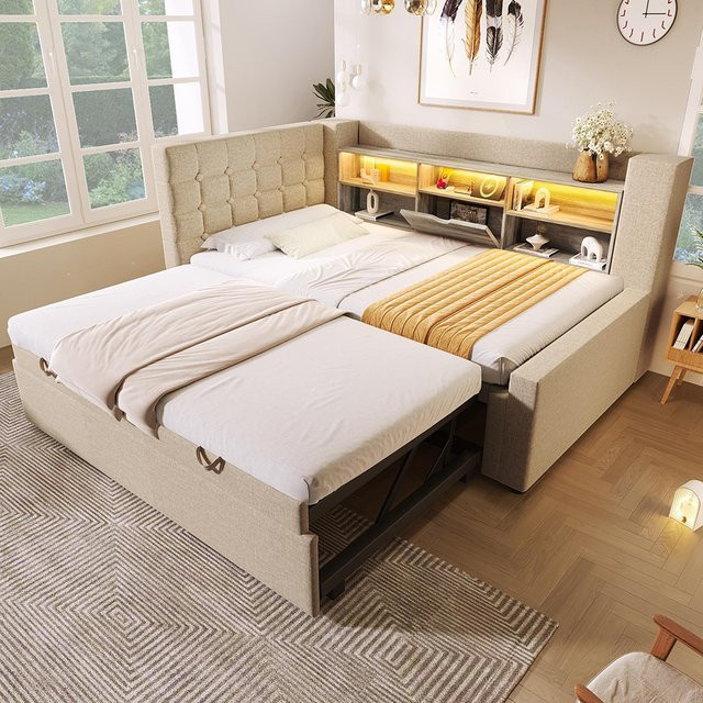 KOMHTOM Schlafsofa in Beige mit LED-Beleuchtung, Ausziehbett, Kopfteil, Stauraum und Lattenrost, B/T/H: 90 x 200 cm - Bild 1
