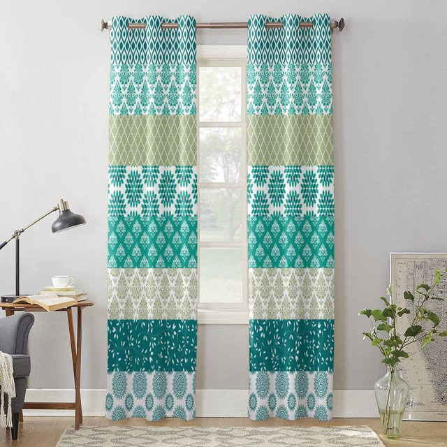 Super Six Fenstervorhang mit Retro-Muster in Aqua, semi-transparent, B: 135 cm, H: 115 cm - Bild 1