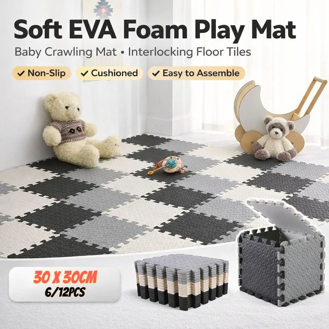 Rutschfeste EVA-Schaumstoff-Bodenmatte von DHDH als Puzzle-Teppich für Schlafzimmer und Kinderzimmer, Farben: Schwarz, Weiß, Grau, B/T/H: 30 x 30 x 6 cm - Bild 1