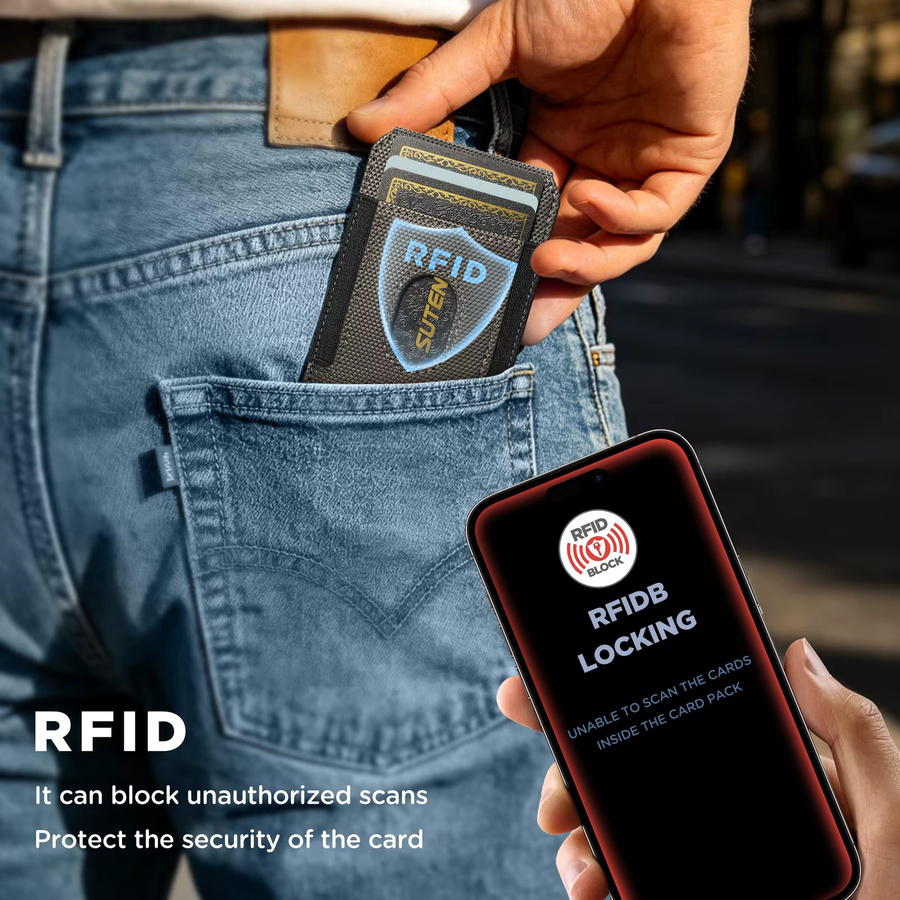SUTENI Handyhalterung mit Magnet und RFID-Schutz aus Kunstleder als klappbare Kartenhalterung und Geldbörse in Gold oder Schwarz - Bild 3