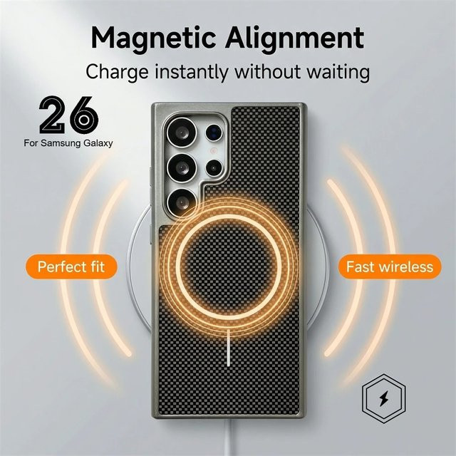 Magnetische Handyhülle im Carbonfaser-Muster für Samsung Galaxy S26 S25 S24 Ultra Plus, stoßfest und kompatibel mit kabellosem Laden, Schwarz/Grau - Bild 1