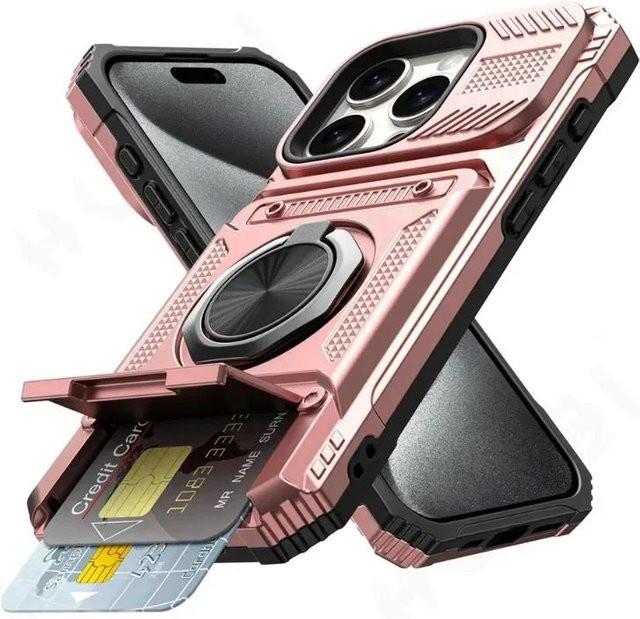 Robuste Brieftaschenhülle für iPhone 16 15 14 13 12 11 Pro Max Plus XS XR 8 7 mit magnetischem drehbarem Ring Ständer in Pink - Bild 1