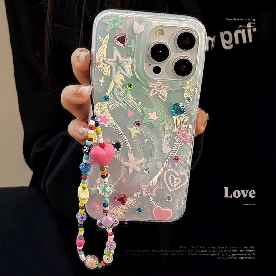Bunte Sterne und Liebesherz Handyhülle mit Kette für dein iPhone 17 Air 16 15 14 13 12 11 Pro Max, stoßfeste Hartschale in Multicolour - Bild 2