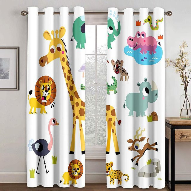 2er-Set Dünne Fenstervorhänge mit niedlichem Katzen-Tierpark-Motiv in 3D-Optik für Kinderzimmer und Wohnzimmer, Mehrfarbig, B: 173 cm, H: 214 cm - Bild 1