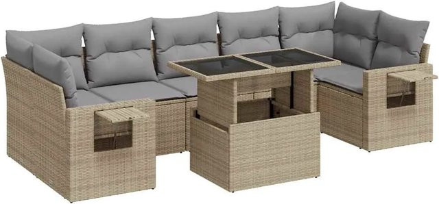 vidaXL 8-teilige Garten-Sofagarnitur in L-Form aus Poly-Rattan mit Kissen in Beige-grau - Bild 1