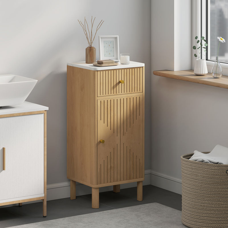 Aosom Badezimmerschrank in Eiche mit Marmoreffekt-Plattform und gerillter Tür, Schublade und verstellbarem Regal, B/T/H: 36 x 30 x 80 cm - Bild 2
