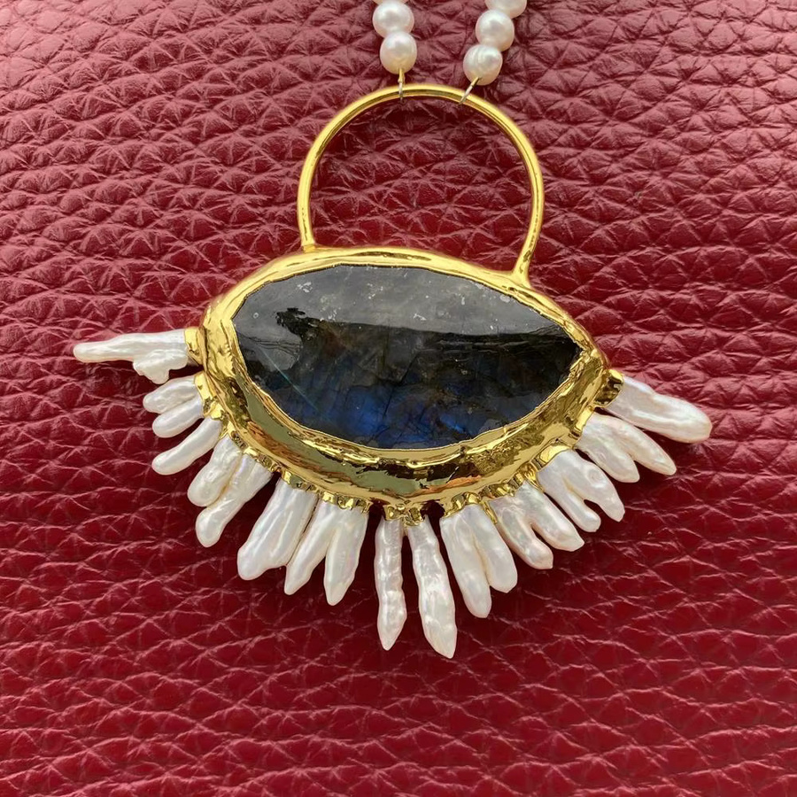 YYGEM Perlenkette, Blauer Labradorit, Keshi-Perlen, Messing, Gold, Damen - Bild 4